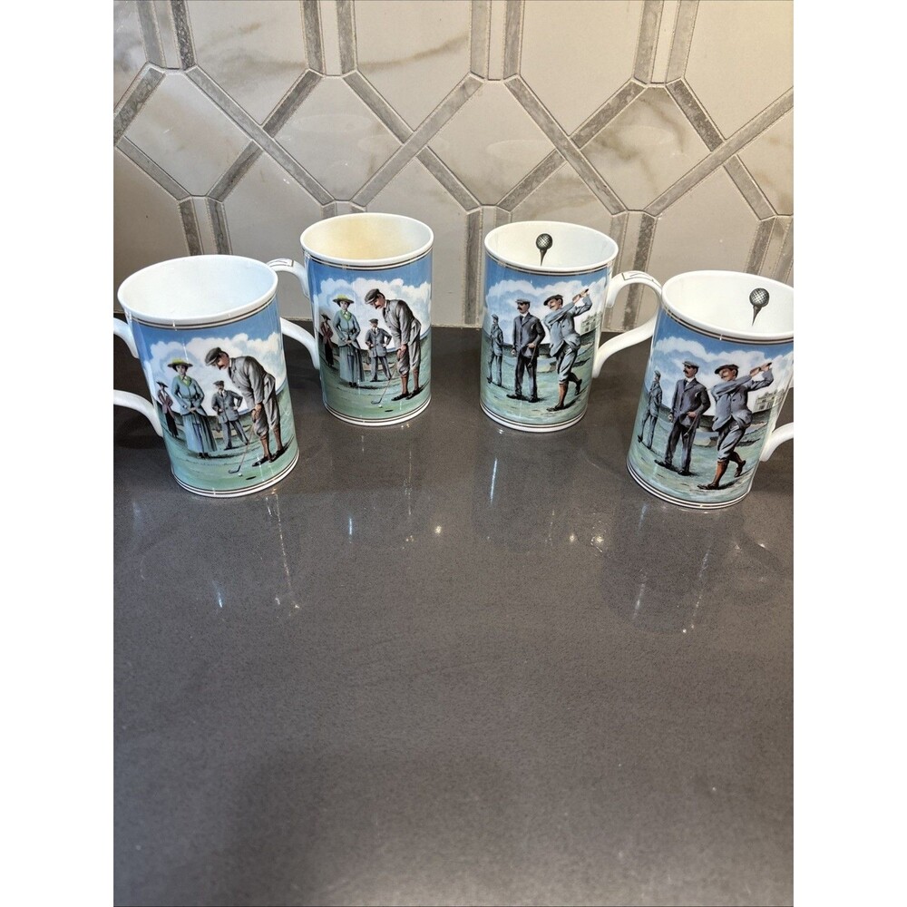 Vintage Wren Fine Bone China The Golfers Mug Set of 4 Made England 24k Gold Golf